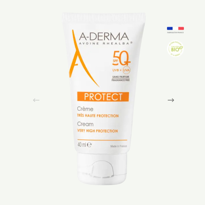 A-DERMA DERMATOLOGÍA VEGETAL PROTECTCrema solar facial SPF 50+ sin perfume Protege