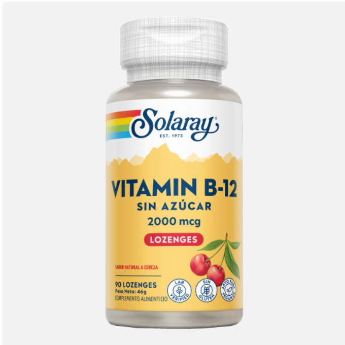 SOLARAY Vitamin B-12 2000 Mcg - Sin Azúcar - 90 Lozenges. Sin Gluten. Apto Para Veganos.