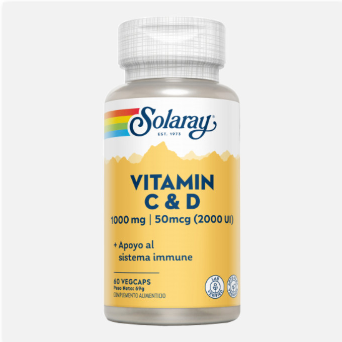 SOLARAY Vitamin C ( 1000 Mg) + D ( 2000UI) - 60 Vegcaps. Apto Para Vegetarianos.