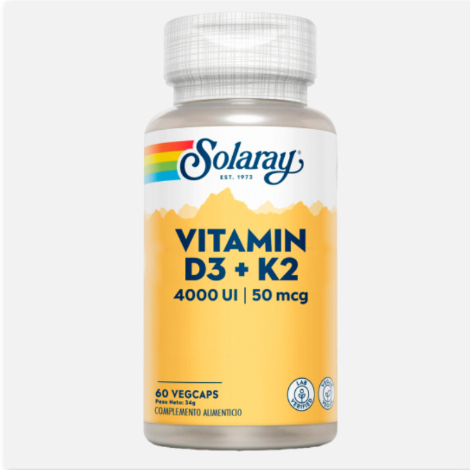SOLARAY Vitamina D3 + K-2 (MK7) - 60 VegCaps. Sin Soja. Sin Gluten. Apto Para Vegetarianos