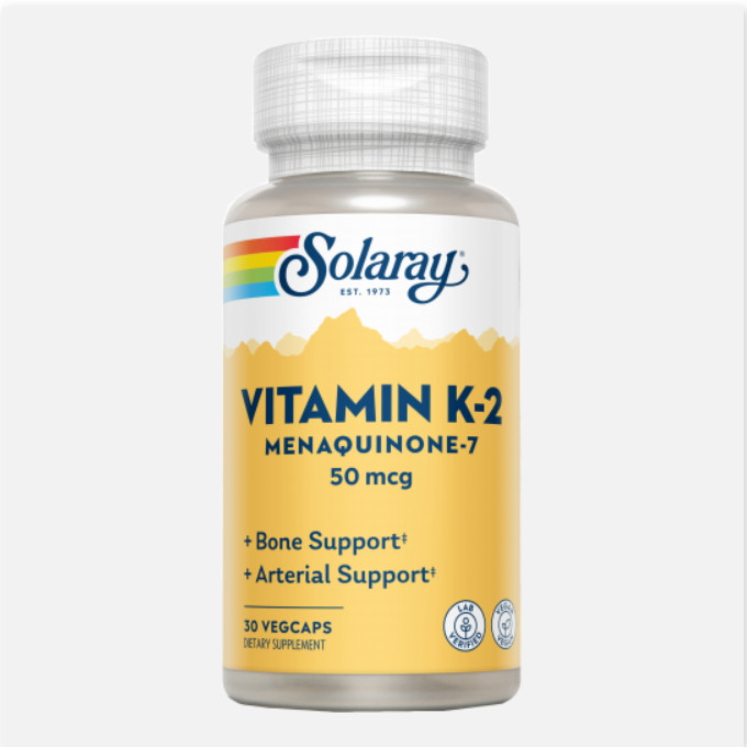 SOLARAY Vitamina K2 (Menaquinone-7)-30 VegCaps. Sin Soja. Apto Para Veganos