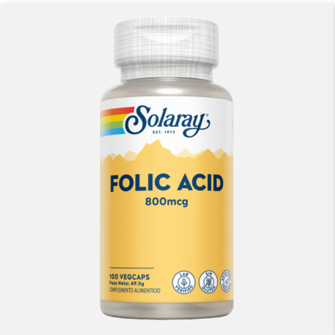 SOLARAY Folic Acid 800 Mcg - 100 VegCaps. Sin Gluten. Apto Para Veganos