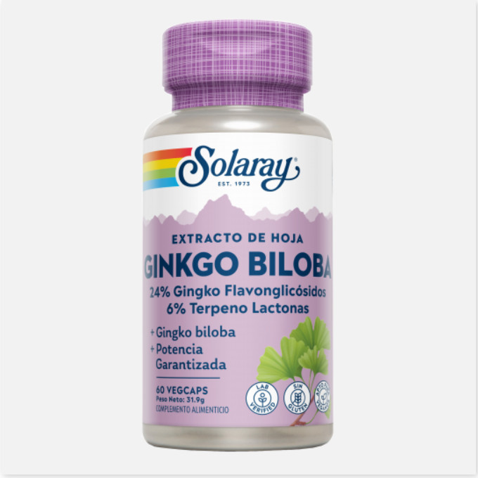 SOLARAY Ginkgo Biloba-60 VegCaps. Sin Gluten. Apto Para Veganos