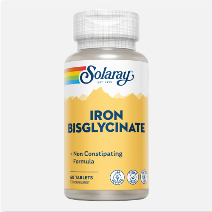SOLARAY Iron Bisglycinate- 60 Comprimidos. Apto Para Veganos. Sin Gluten.