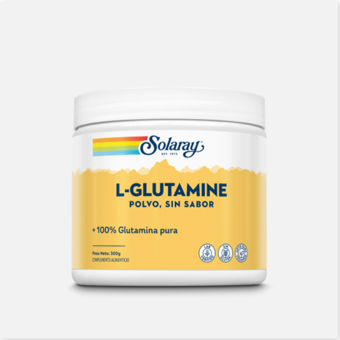 SOLARAY L-Glutamina Polvo- 300 G. Sin Gluten. Sabor Neutro. Apto Para Veganos