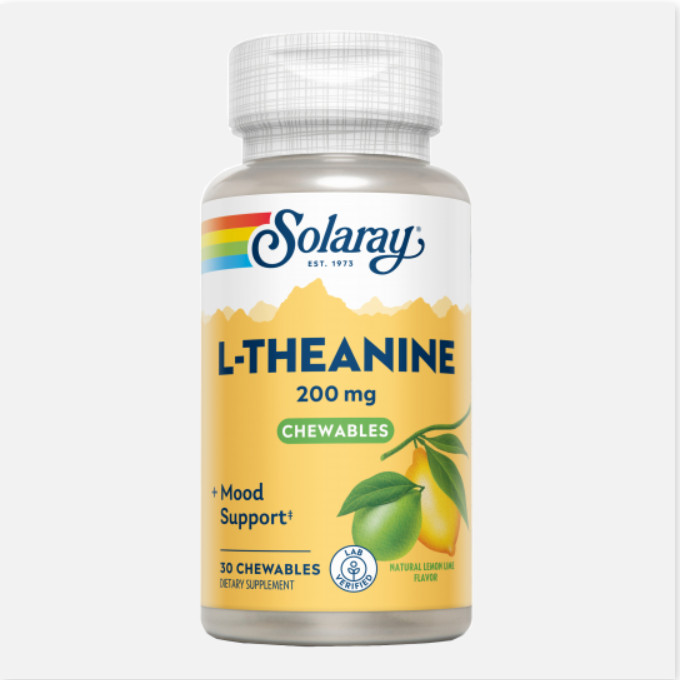 SOLARAY L-Theanina 200 Mg- 30 Comprimidos Mastic. Sabor Lima- Limón. Sin Azúcar. Apto Para Veganos