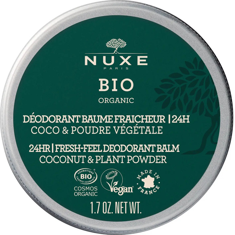 NUXE Cosmética de Origen natural Desodorante Bálsamo Frescor 24 H, NUXE BIO 50gr Eficacia desodorante 24 H** y tratamiento. Todos los tipos de piel. 100 % de ingredientes de origen natural 89 % de ingredientes procedentes de la agricultura ecológica.