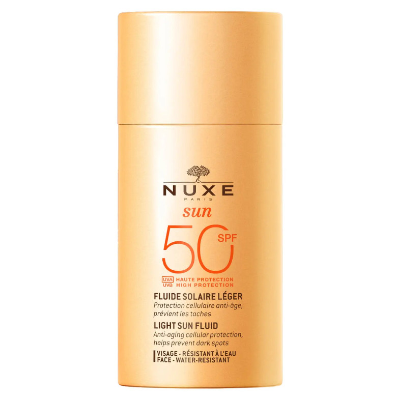 NUXE Cosmética de Origen natural Fluido Solar Ligerio Alta Protección SPF50 rostro, NUXE Sun 50ml Protección celular antiedad. Previene la aparición de manchas. Todas las pieles.