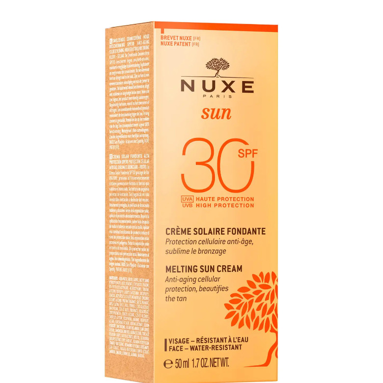 NUXE Cosmética de Origen natural Crema Solar Fundente Alta Protección SPF30 rostro, NUXE Sun 50ml Protección celular antiedad, sublima el bronceado. Todas las pieles.
