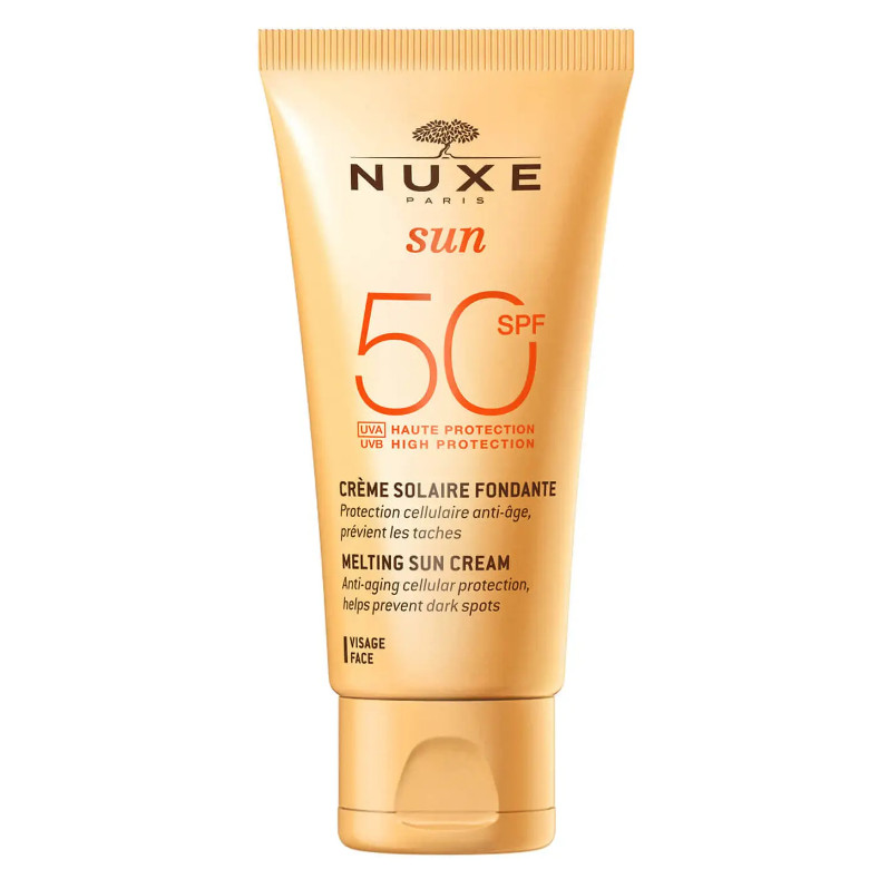 NUXE Cosmética de Origen natural Crema Solar Fundente Alta Protección SPF50 rostro, NUXE Sun 50ml Protección celular antiedad. Previene la aparición de manchas.  Todas las pieles.