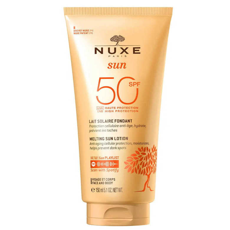 NUXE Cosmética de Origen natural Leche Solar Fundente Alta Protección SPF50 rostro y cuerpo, NUXE Sun 150ml Protección celular antiedad, hidrata, previene las manchas.