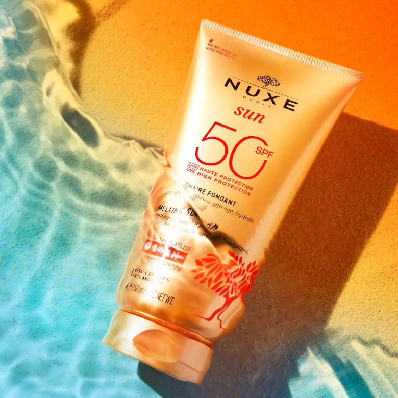 NUXE Cosmética de Origen natural Leche Solar Fundente Alta Protección SPF50 rostro y cuerpo, NUXE Sun 150ml Protección celular antiedad, hidrata, previene las manchas.