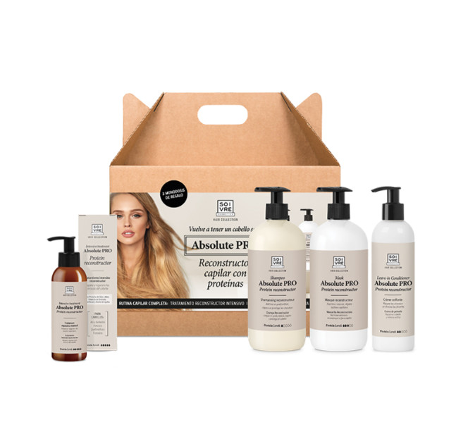 SOIVRE COSMETICS NUTRE, REPARA, FORTALECE, DENSIFICA E HIDRATA SU CABELLO PACK RUTINA ABSOLUTE PRO 4 PRODUCTOS Absolute PRO Protein reconstructor. Repara y regenera los enlaces del cabello.