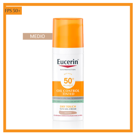 Eucerin productos dermocosméticos que cuidan la piel Sun Face Oil Control FPS 50+ con color tono medio