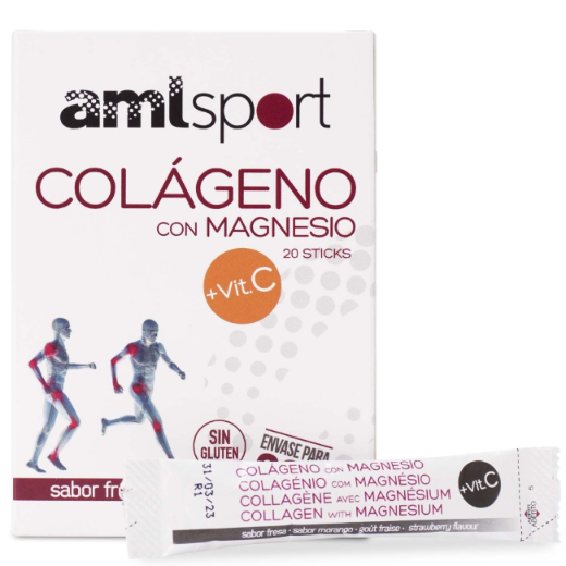 Ana María Lajusticia nutrientes, cuidado y conservación de la salud COLAGENO CON MAGNESIO + VIT.C Sabor fresa (20 sticks) AMLSPORT