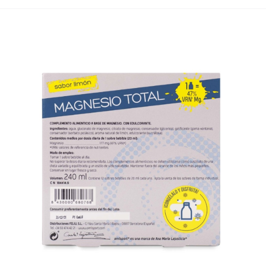 Ana María Lajusticia nutrientes, cuidado y conservación de la salud MAGNESIO TOTAL GEL Sabor limón (12 sobres de 20ml) AMLSPORT Ana María Lajusticia nutrientes, cuidado y conservación de la salud MAGNESIO TOTAL GEL Sabor limón (12 sobres de 20ml) AMLSPORT