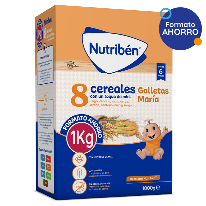 NUTRIBEN la mejor alimentación infantil, potitos y papillas Nutribén® 8 Cereales con un toque de miel Galletas María (Formato Ahorro)