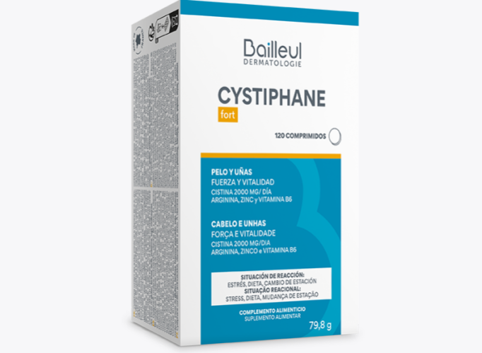 FUERZA Y VITALIDAD CYSTIPHANE fort es un complemento alimenticio a base de Cistina de origen vegetal, Vitamina B6, Arginina y Zinc. La vitamina B6 contribuye a la síntesis normal de la cisteína. La cisteína es un compuesto esencial de la queratina que garantiza una función en la resistencia y el espesor del cabello. La arginina actúa sobre el crecimiento y la dureza del cabello y las uñas. El zinc contribuye al mantenimiento del cabello y uñas normales y a proteger las células contra el estrés oxidativo. Tu cabello y uñas conservan la fuerza y la vitalidad gracias al zinc. BENEFICIOS Cabello y uñas La más alta concentración en L-Cistina del mercado (2000 mg por4 comprimidos al día) Situación reactiva: estrés, dieta desequilibrada, cambio de estación CAPACIDAD Caja de 120 comprimidos