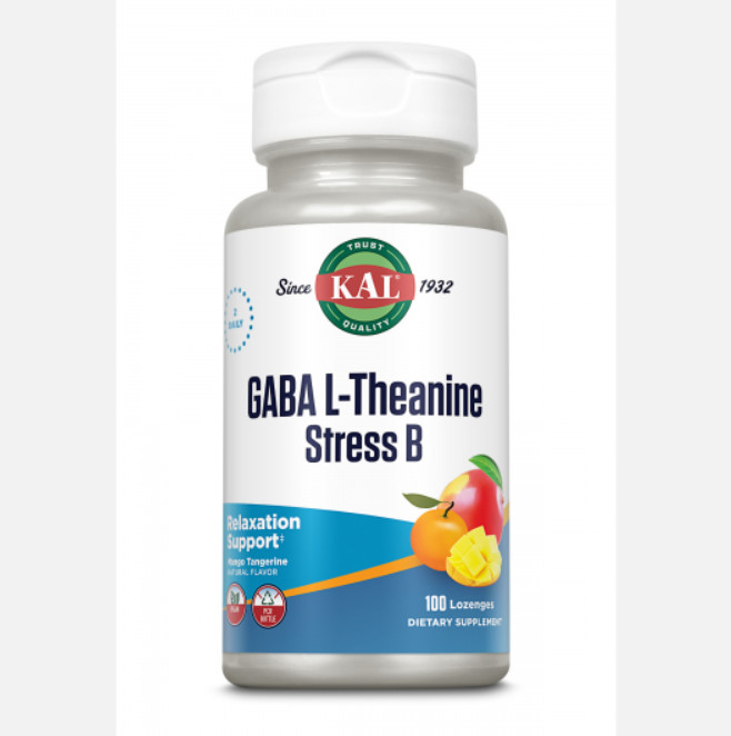 Comprar en Gran Farmacia Andorra KAL Gaba L-Teanina Stress B- 100 Lozenges. Apto para veganos. Sabor a mango y mandarina